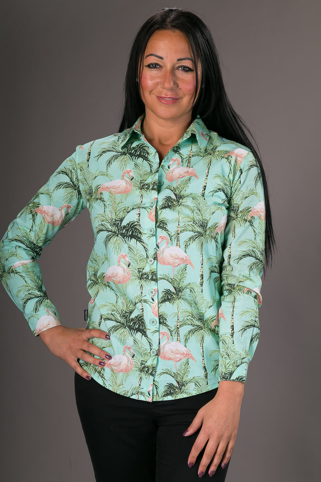 Green Flamingo Print Cotton Slim Fit Womens Shirt Long Sleeve