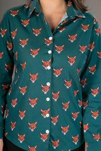 Green Fox Print Cotton Slim Fit Womens Shirt Long Sleeve