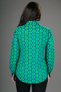Green Geometric Print Cotton Slim Fit Womens Shirt Long Sleeve