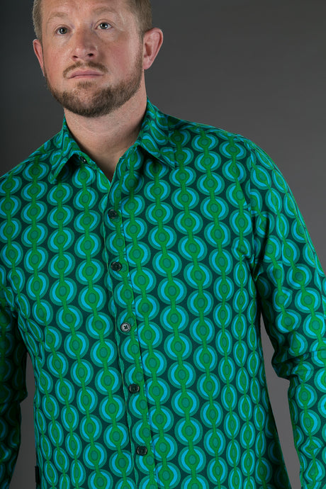 Green Geometric Print Cotton Slim and Regular Fit Mens Shirt Long Sleeve