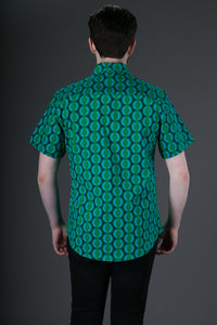 Green Geometric Print Cotton Slim and Regular Fit Mens Shirt Short Sleeve