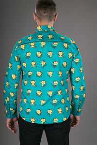 Monkeys Green Blue Yellow Print Cotton Slim Fit Mens Shirt Long Sleeve
