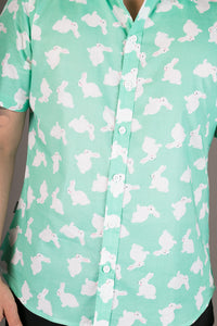 Green White Rabbit Print Cotton Slim Fit Mens Shirt Short Sleeve