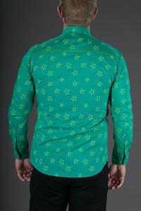 Green Star Print Cotton Slim Fit Mens Shirt Long Sleeve