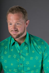 Green Star Print Cotton Slim Fit Mens Shirt Long Sleeve