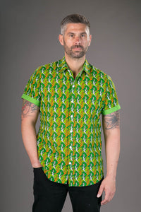 Green Horse Warrior Print Cotton Slim Fit Mens Shirt Short Sleeve