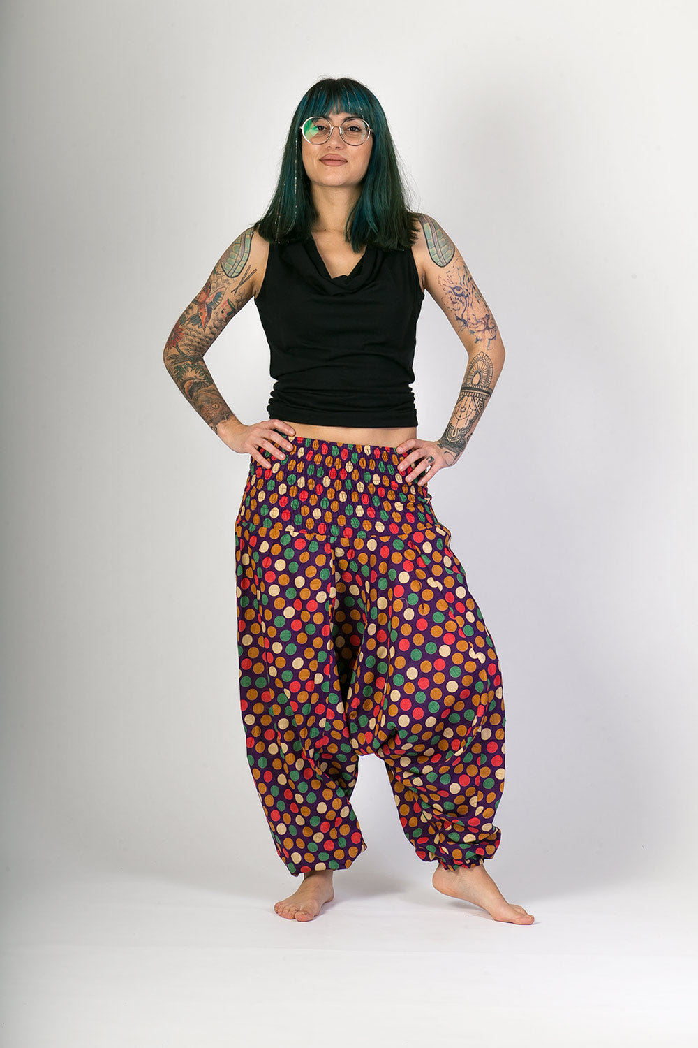 Purple Dots Print Cotton Hareem Yoga Jumpsuit Pants - Avalonia, Avalonia - Avalonia