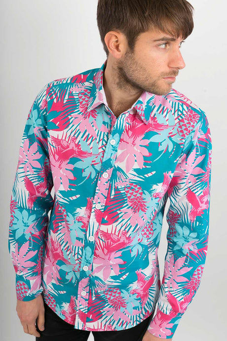 Blue Pink Tropical Bird Print Cotton Slim Fit Mens Shirt Long Sleeve - Avalonia, Avalonia - Avalonia