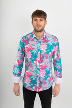 Blue Pink Tropical Bird Print Cotton Slim Fit Mens Shirt Long Sleeve - Avalonia, Avalonia - Avalonia