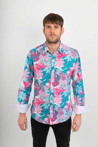 Tropical Bird Print Cotton Slim Fit Mens Shirt Long Sleeve | Avalonia