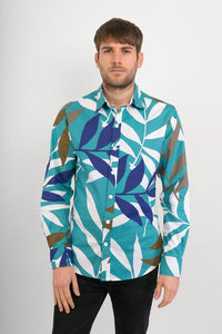Green Blue Brown White Tropical Leaf Print Cotton Slim Fit Mens Shirt Long Sleeve - Avalonia, Avalonia - Avalonia