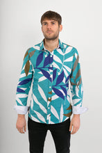 Green Blue Brown White Tropical Leaf Print Cotton Slim Fit Mens Shirt Long Sleeve - Avalonia, Avalonia - Avalonia