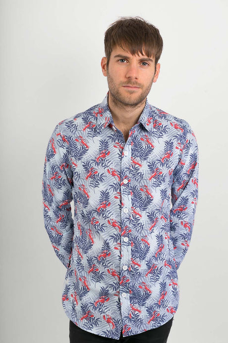 Lobster Blue Sea Print Cotton Slim Fit Mens Shirt Long Sleeve - Avalonia, Avalonia - Avalonia