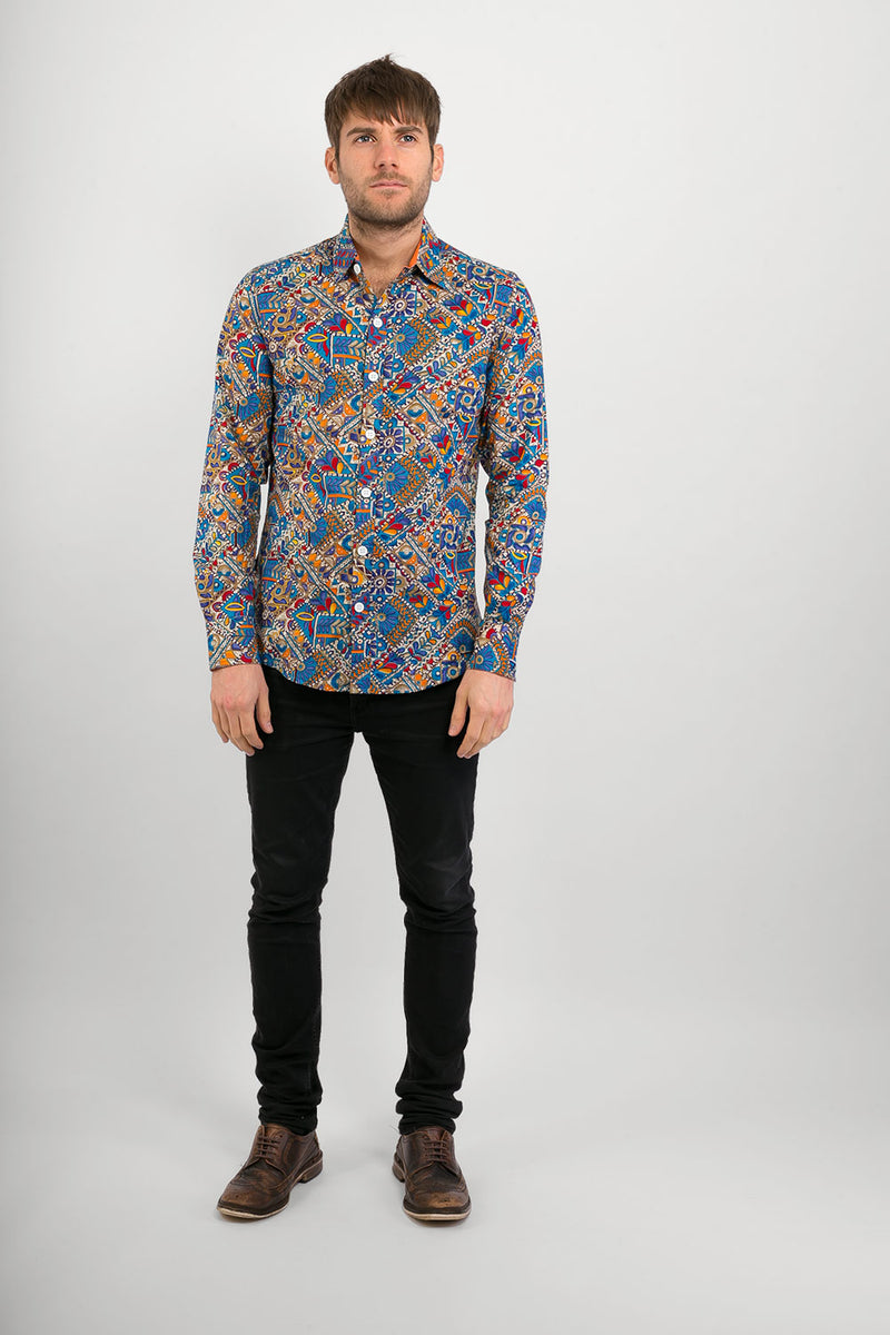 Multi Coloured Print Cotton Slim Fit Mens Shirt Long Sleeve | Avalonia