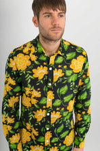 Yellow Black Flowers Print Lightweight Cotton Slim Fit Mens Shirt Long Sleeve - Avalonia, Avalonia - Avalonia