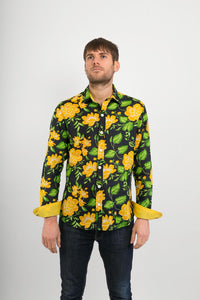 Yellow Black Flowers Print Lightweight Cotton Slim Fit Mens Shirt Long Sleeve - Avalonia, Avalonia - Avalonia