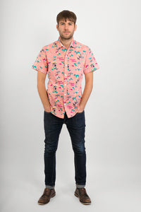Pink Hawaii Aloha Print Cotton Slim Fit Mens Shirt Short Sleeve - Avalonia, Avalonia - Avalonia