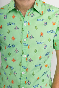 Green Whale Plane Bike Tree Print Cotton Slim Fit Mens Shirt Short Sleeve - Avalonia, Avalonia - Avalonia