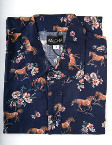Blue Horses Floral Print Cotton Slim Fit Mens Shirt Long Sleeve