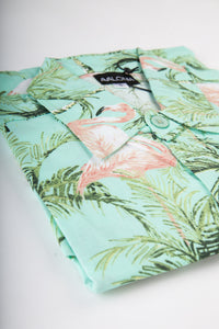 Green Pink Flamingo Birds Print Cotton Slim Fit Mens Shirt Long Sleeve