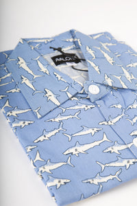 Blue White Sharks Print Cotton Slim Fit Mens Shirt Long Sleeve