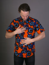 Orange Floral Blue Geometric Print Cotton Slim Fit Mens Shirt Short Sleeve