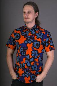 Orange Floral Blue Geometric Print Cotton Slim Fit Mens Shirt Short Sleeve