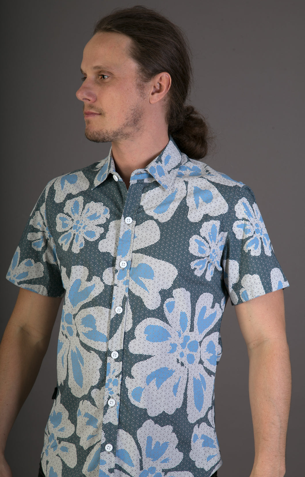 Big Floral Blue Aloha Print Cotton Slim and Regular Fit Mens Shirt Short Sleeve