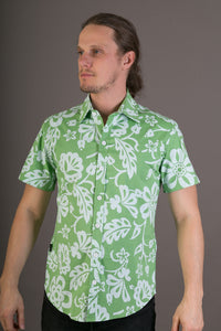 Green White Aloha Floral Print Cotton Slim and Regular Fit Mens Shirt Short Sleeve