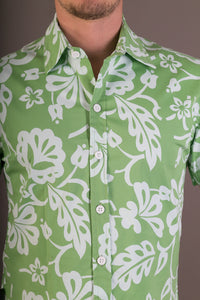 Green White Aloha Floral Print Cotton Slim and Regular Fit Mens Shirt Short Sleeve