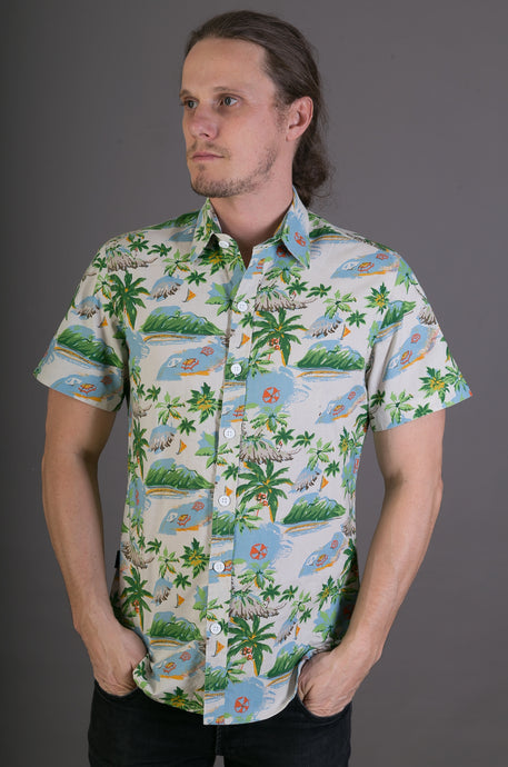 Beach Tropical Island Hawaiian Palm Tree Print Cotton Slim Fit Mens Shirt Short Sleeve
