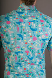 Blue Whale Fish Print Cotton Slim Fit Mens Shirt Short Sleeve