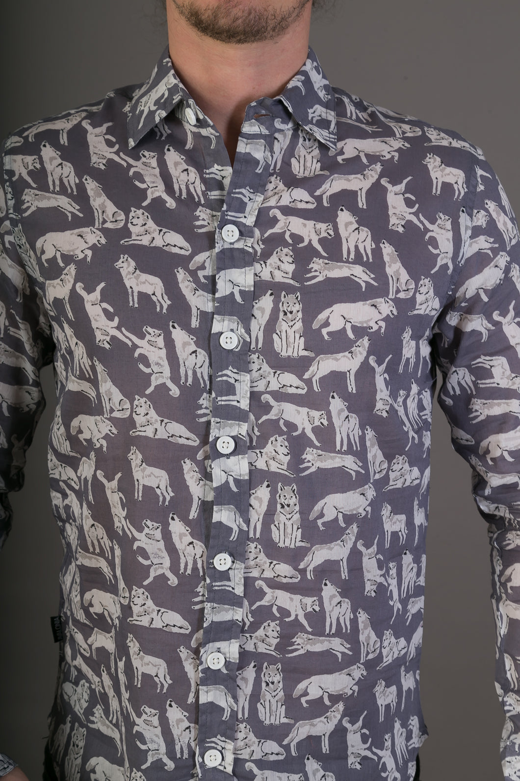 Grey Wolves Print Lightweight Cotton Slim and Regular Fit Mens Shirt Long Sleeve