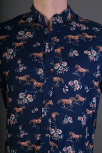 Blue Horses Floral Print Cotton Slim Fit Mens Shirt Long Sleeve