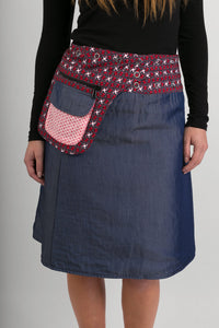 Reversible Cotton Skirt Red Patch Denim Detachable Pocket