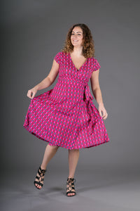 Wrap Cotton Dress Pink Geometric Print