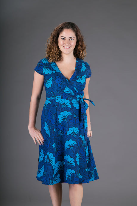 Wrap Cotton Dress Blue Floral Print