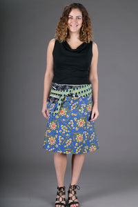 Reversible Cotton Skirt Blue Floral Black White Print with Pocket