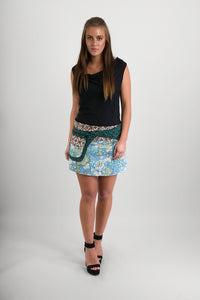 Reversible Cotton Skirt Blue Floral Brown Grey Cross Print Green Print Belt with Detachable Pocket