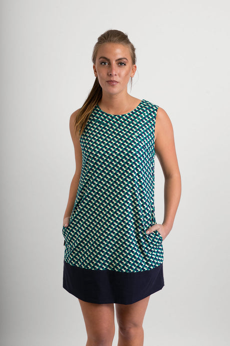 60s -Style-Cotton-Dress-Green-Blue-Print-with-Pockets - Avalonia, Avalonia - Avalonia