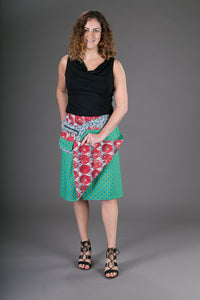 Reversible Cotton Skirt Green Red Floral Print with Pocket