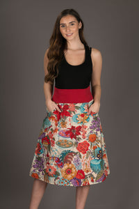 Reversible Midi Skirt Peacock Floral Print with Pockets
