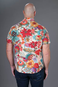 Reversible Floral Peacock Print Cotton Slim Fit Mens Hawaiian Shirt Short Sleeve