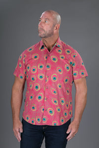Reversible Floral Peacock Print Cotton Slim Fit Mens Hawaiian Shirt Short Sleeve