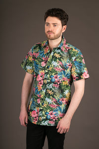 Multi Colour Jungle Print Cotton Slim Fit Mens Shirt Short Sleeve