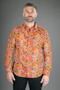 Orange Multi Colour Print Cotton Slim fit Long-Sleeve Mens Shirt