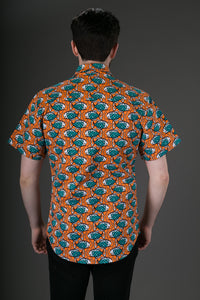 Orange Fish Print Cotton Slim Fit Mens Shirt Short Sleeve