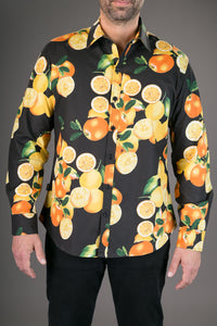 Oranges Black Print Cotton Slim Fit Mens Shirt Long Sleeve