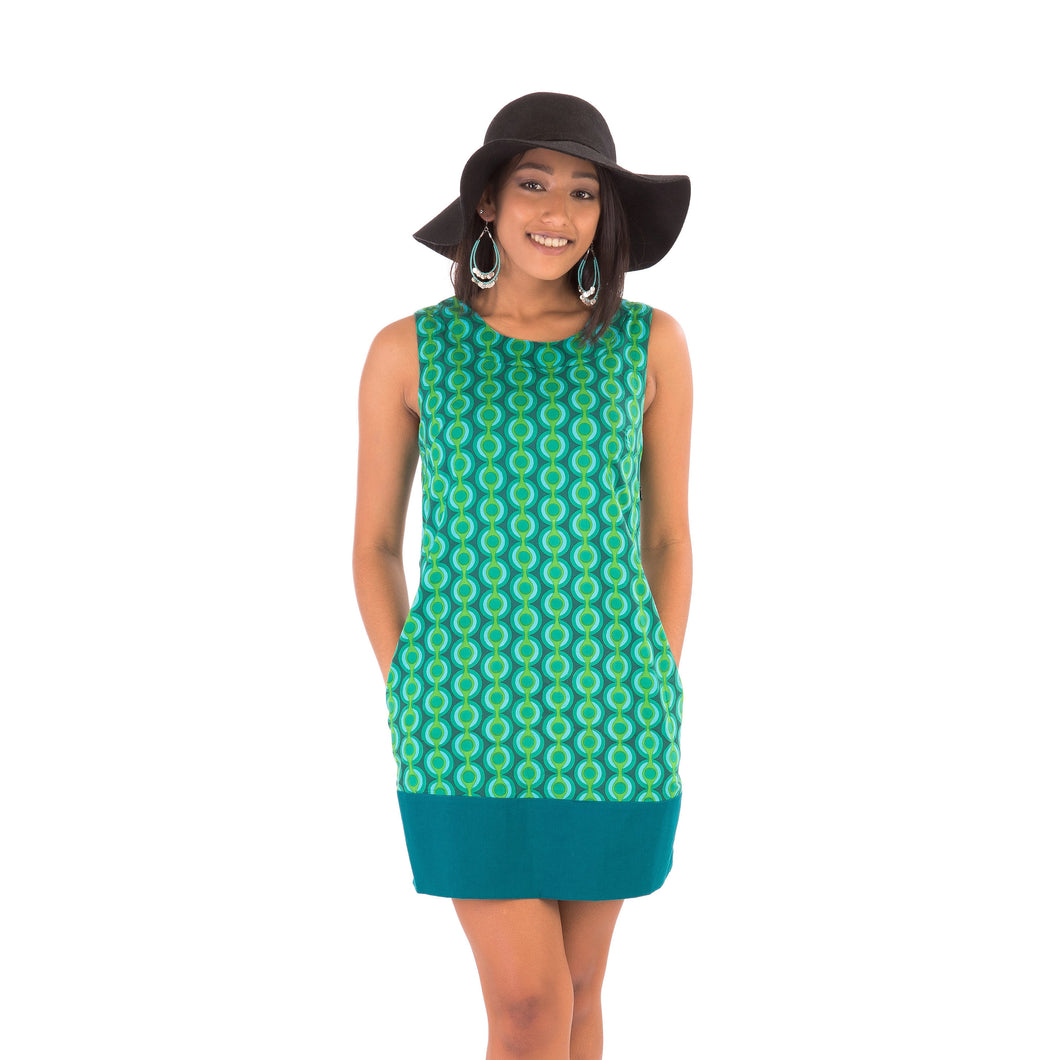 60s-Style-Cotton-Dress-Green-Print-with-Pockets - Avalonia