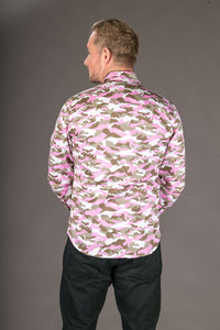 Camouflage Pink Print Cotton Slim Fit Mens Shirt Long Sleeve